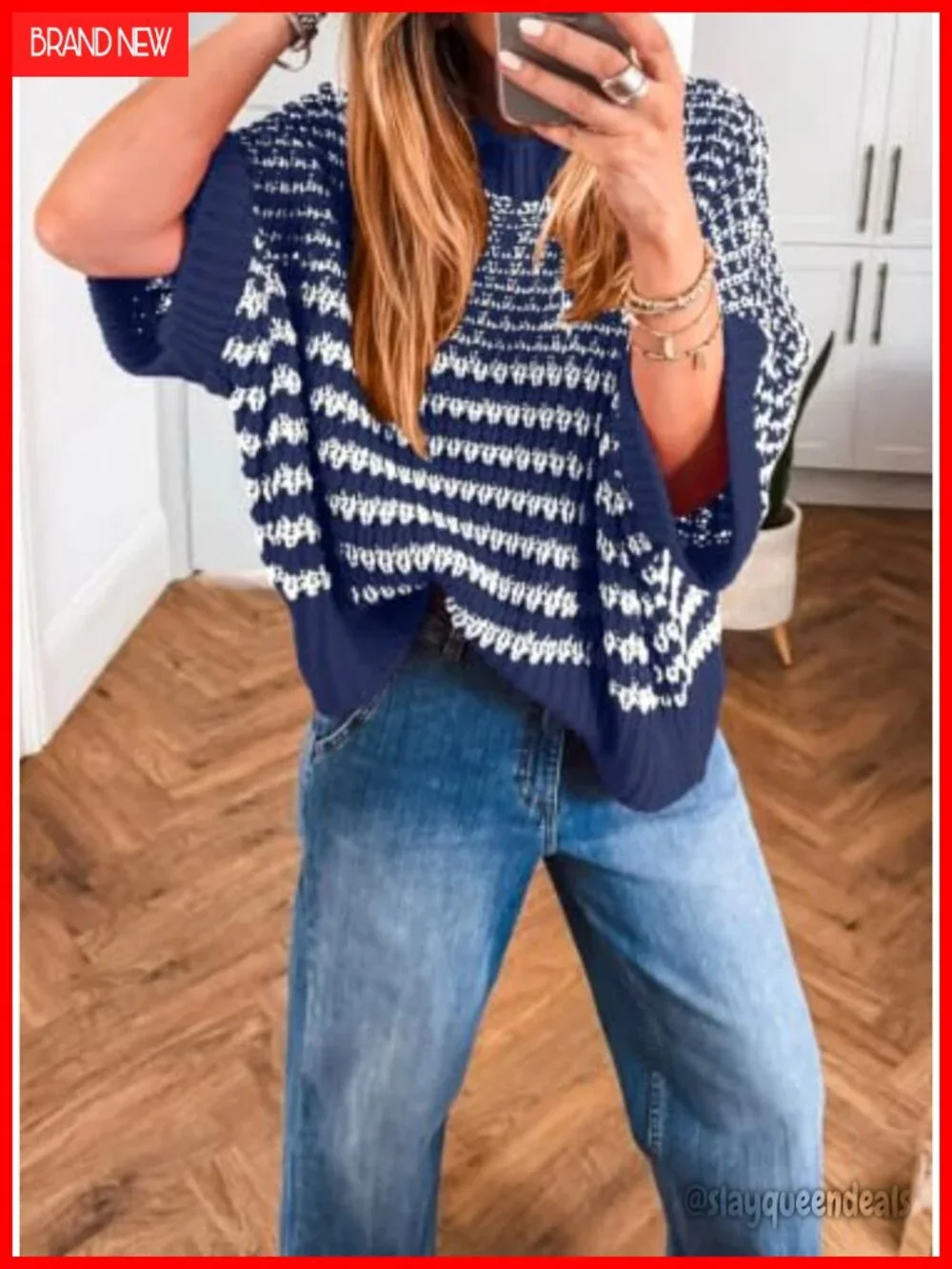 3/4 Sleeve Striped Sweater Top, Crewneck Knit Pullover